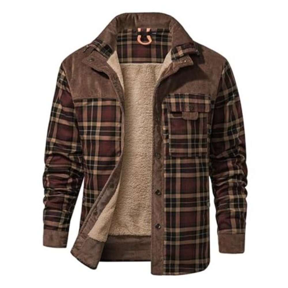 Mens Sherpa Lined Flannel Shirt Jacket Plaid Button Down Warm Fleece
